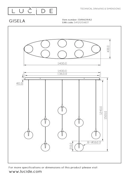 Lucide Premium GISELA - Lámpara colgante - LED Regul. - 8x3,9W 2700K - Ámbar - técnico